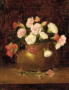 Mixed carnations in a brass ewer