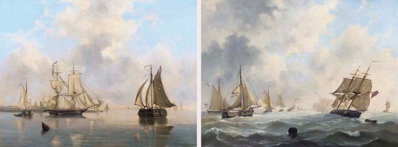 A calm: shipping by a harbour entrance; Dutch sailingvessels attacking an English fleet