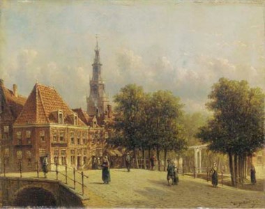 Townsfolk strolling on a bridge with a churchtower in the distance