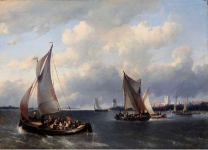 Sailing vessels on choppy water, a town in the distance