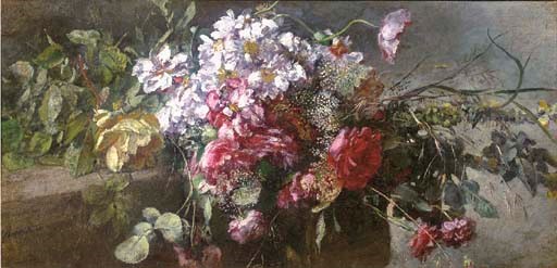 A bouquet of pink and red roses on a ledge