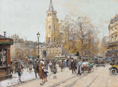 A Busy Paris Street with the Church of St. Michael Beyond