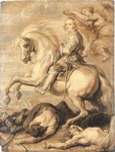 Equestrian portrait of Cardinal Infante Ferdinand of Austria (1609-1641), Governor of the Spanish Netherlands, crowned by Victory on the battlefield, en grisaille