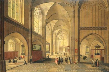 The interior of a cathedral with elegant company, a service in progress in a side chapel