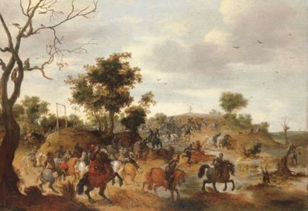 A landscape with a cavalry battle, gallows and a windmill beyond