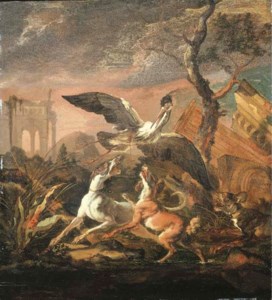 An evening landscape with dogs flushing a heron among Italianate ruins