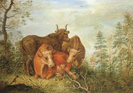A wooded landscape with cattle in a clearing