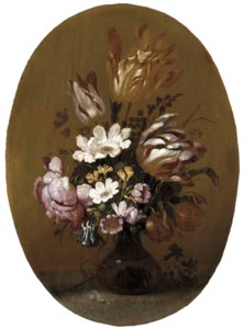 Parrot tulips, roses and other flowers in a glass vase with a snail on a table