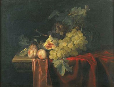 Grapes, plums, figs and a melon, on a partly draped stone ledge