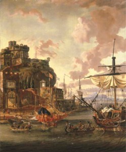 A capriccio of a Mediterranean port with with men-o'-war and figures in rowing boats