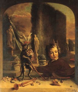 A trompe l'oeil casement with a boy and a monkey, a formal Italianate garden beyond