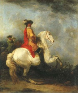 A cavalier in a yellow coat with a red cloak and plumed hat on a grey, a cavalry troop beyond