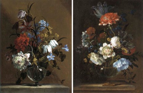 Carnations, snake's head, narcissi and other flowers in a glass vase on a stone ledge; and Parrot tulips, chrysanthemums, cornflowers and other flowers in a glass vase on a stone ledge