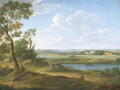 An extensive river landscape with a horseman and his servant on a path, villages and a town beyond