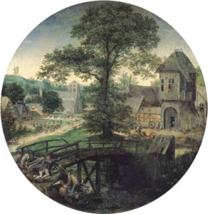 A river landscape with the Blind leading the Blind, a kermesse in a village beyond