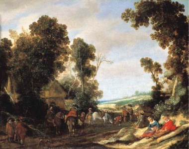 A wooded landscape with cavaliers on a road, a cottage beyond