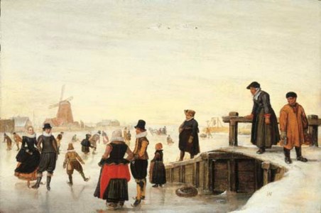 A winter landscape with elegant company skating on a frozen waterway