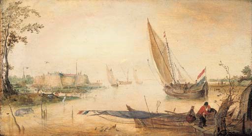 An estuary with a moored fishing smack near a jetty
