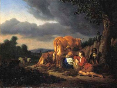 A pastoral landscape with a dairymaid milking a cow, with a youth, a dog and another cow at the foot of a tree, two sheep beyond