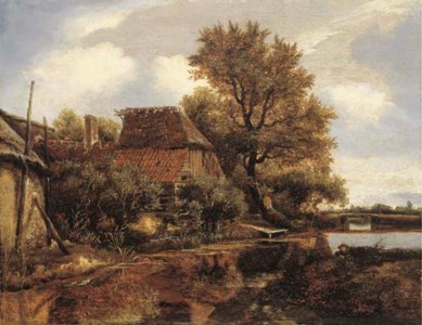 A wooded river landscape with anglers by a cottage