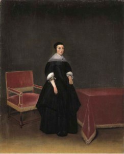 Portrait of Hermanna van der Cruis (1615-1705), full-length, in a black dress by a table