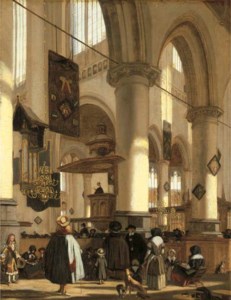 The interior of the Oude Kerk, Delft, with a sermon in progress