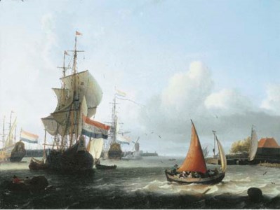 The IJ, Amsterdam, with a ferryboat under full sail before a fluyt , Dutch men-o'-war at anchor beyond