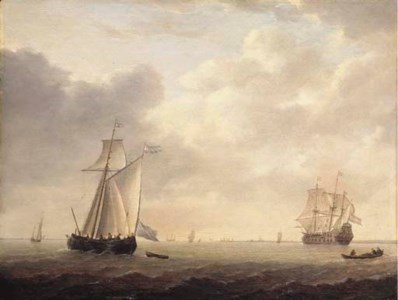 A wijdschip sailing in a light breeze, a Dutch frigate and other shipping off the coast beyond