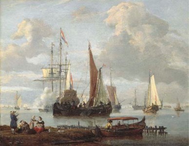 A family picknicking on a river bank, a kaag , a frigate firing a salute and other shipping in a calm beyond