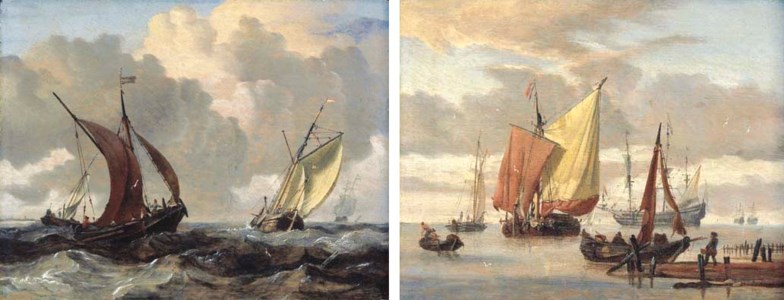 A waterschip , a boeier and a galjoot in a stiff breeze, a cargo ship beyond; and A wijdschip , a weyschuit and a wherry off a sandbank in a calm, a frigate beyond