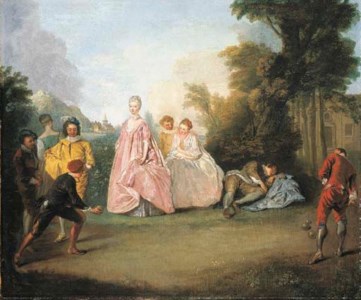A wooded landscape with elegant company playing bowls, a country house beyond