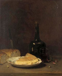 A wine bottle and tumbler, a slice of brie on a plate, a loaf of bread and two radishes, on a ledge