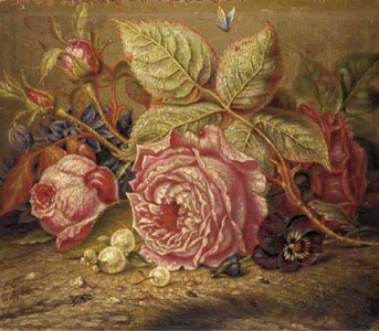 Roses, a pansy, and snowberries