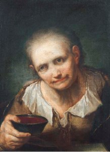 An old woman, holding a bowl