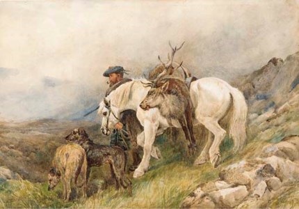 A Highlander with deerhounds returning from a day's sport