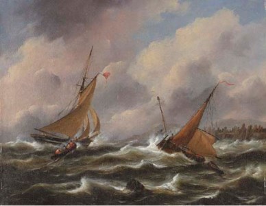 Dutch fishing vessels off a jetty in stormy seas