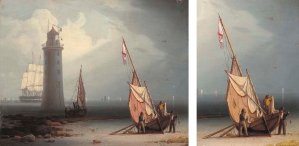 Mending Sails on the Shore at the Perch lighthouse, New Brighton, at the entrance to the river Mersey with several beached fishing boats