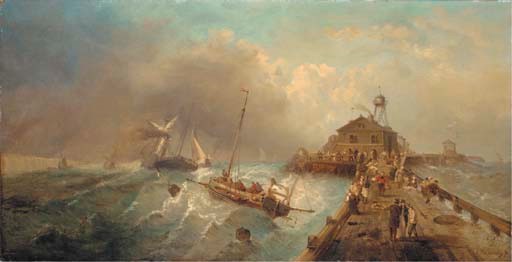 Shipping off a harbor in stormy seas