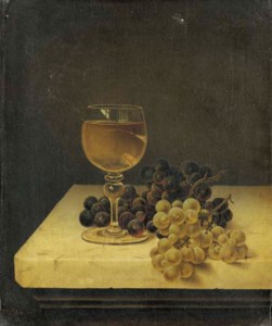 Still Life with Glass of Wine and Grapes on a Marble Ledge