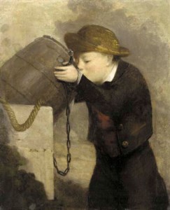 Boy Drinking from a Barrel