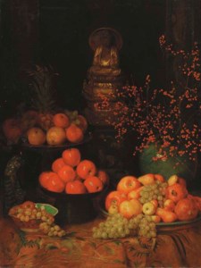 Still Life with Fruit, Peacock and Buddha