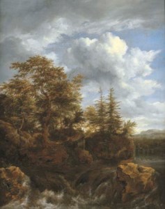 A wooded river landscape with a waterfall and travellers on a bridge