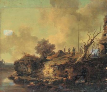 A river landscape with sportsman shooting at a popinjay on the bank