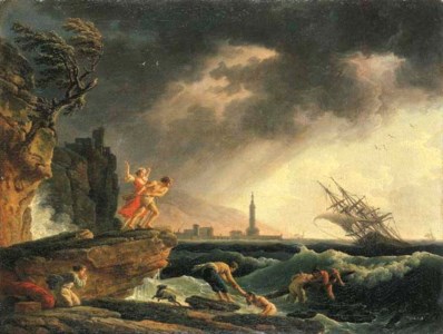 A stormy coastal seascape with survivors from a shipwreck on a rocky outcrop