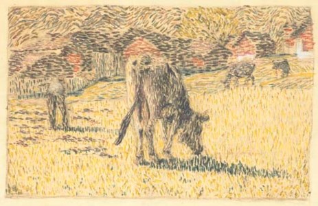 Four cows in pasture, farm buildings beyond
