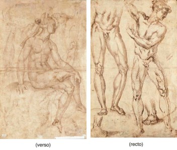A nude gesturing to the left, with subsidiary studies of the legs and feet ( recto ); A female nude seated on a rock in profile to the right ( verso )