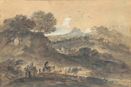 An extensive mountainous landscape with herdsmen
