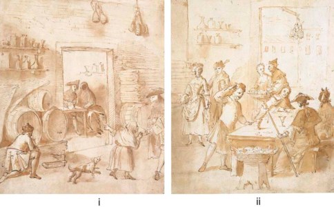 The interior of an inn during Carnival with a waiter drawing wine from a barrel; and The interior of an inn with figures seated at a table