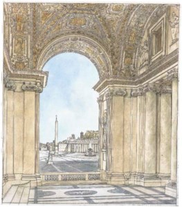 A view of the Piazza San Pietro, Rome looking south from the portico of the basilica