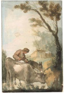 A shepherd crossing a ford with a cow and a donkey, a farmhouse beyond